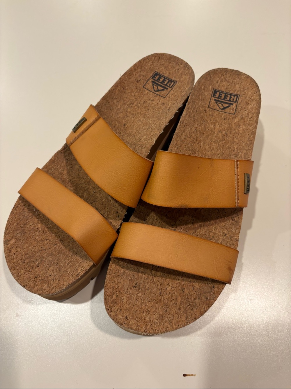 Reef Two-Strip Cork Slide Sandals in Tan Mustard